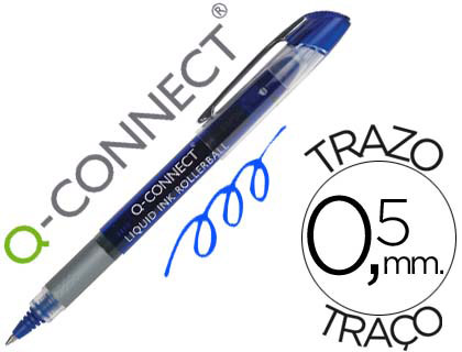 ROLLER Q-CONNECT CRITURE 0.5MM POINTE MOYENNE 0.7MM GRIP CAOUTCHOUC CORPS TRANSPARENT ENCRE LIQUIDE COULEUR BLEU
