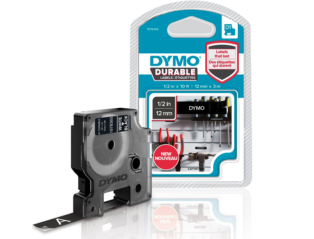 RUBAN DYMO D1 POLYESTER ADHÉSIF PERMANENT 12MMX3M BLANC/NOIR