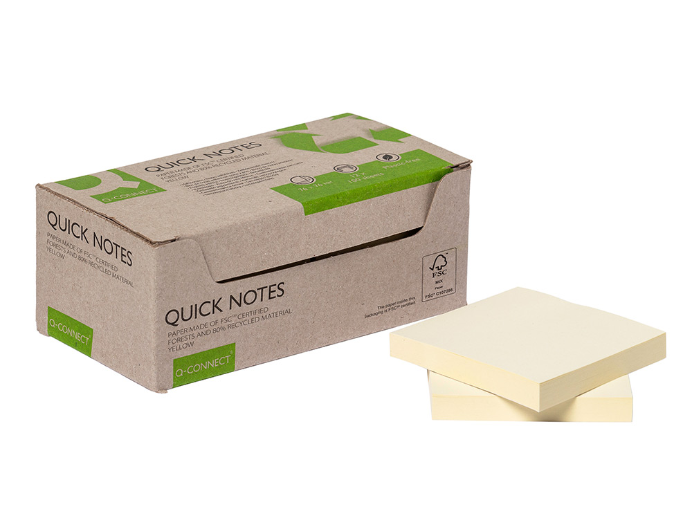 BLOC NOTES Q-CONNECT QUICK NOTES 38X51MM 100F ADHESIVES REPOSITIONABLES COLORIS JAUNE PACK 12 UNITES