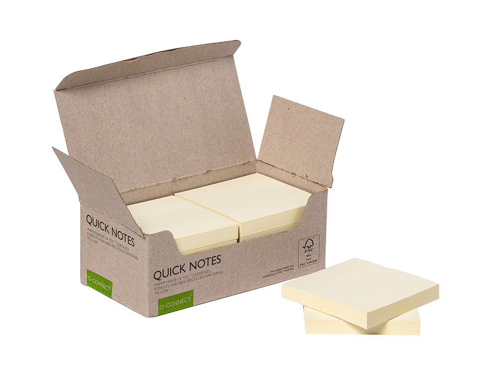 BLOC NOTES Q-CONNECT QUICK NOTES 38X51MM 100F ADHESIVES REPOSITIONABLES COLORIS JAUNE PACK 12 UNITES
