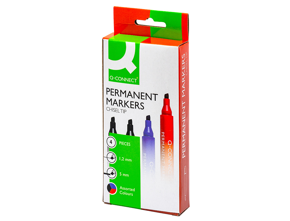 MARQUEUR Q-CONNECT PERMANENT POINTE BISEAUTÉE TRACÉ 5MM RÉSISTANTE CORPS PLASTIQUE POCHETTE 4 UNITÉS