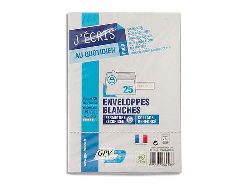 ENVELOPPE GPV PRCASE VLIN BLANC 90G C6 114X162MM ADHSIVE FOND GRIS PAQUET 25 UNITS