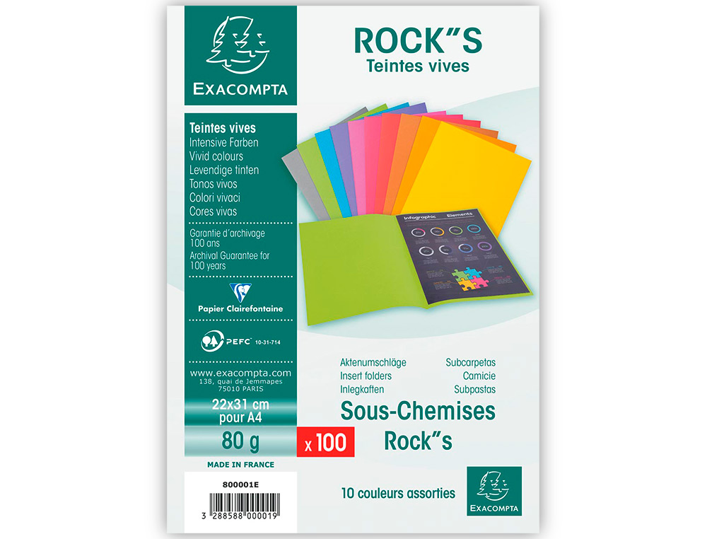 SOUS-CHEMISE EXACOMPTA ROCK'S 220X310MM 80G COLORIS ASSORTIS PACK 100 UNITÉS