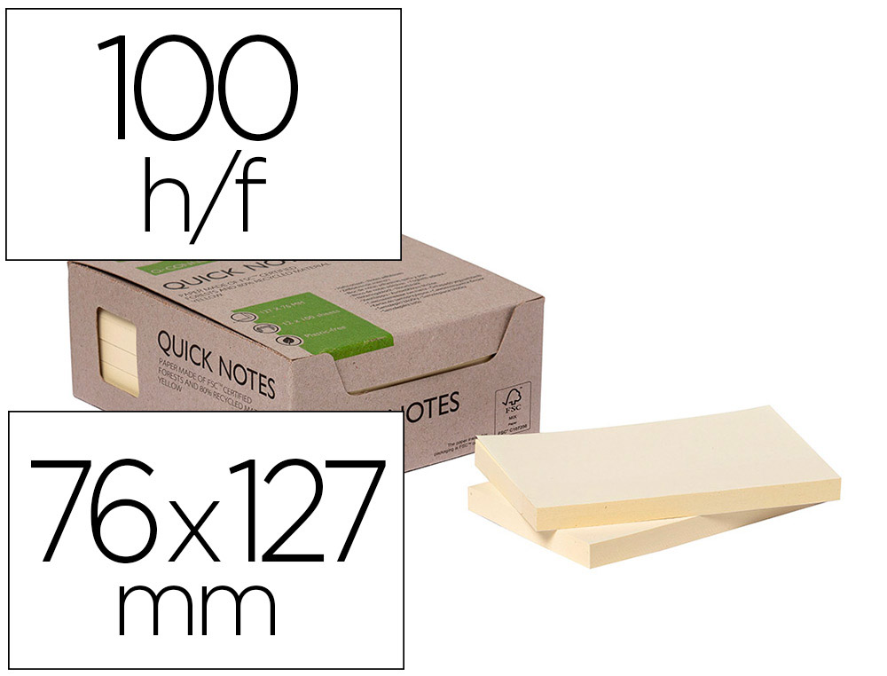 BLOC NOTES Q-CONNECT QUICK NOTES 76X127MM 100F ADHESIVES REPOSITIONABLES COLORIS JAUNE PACK 12 UNITES