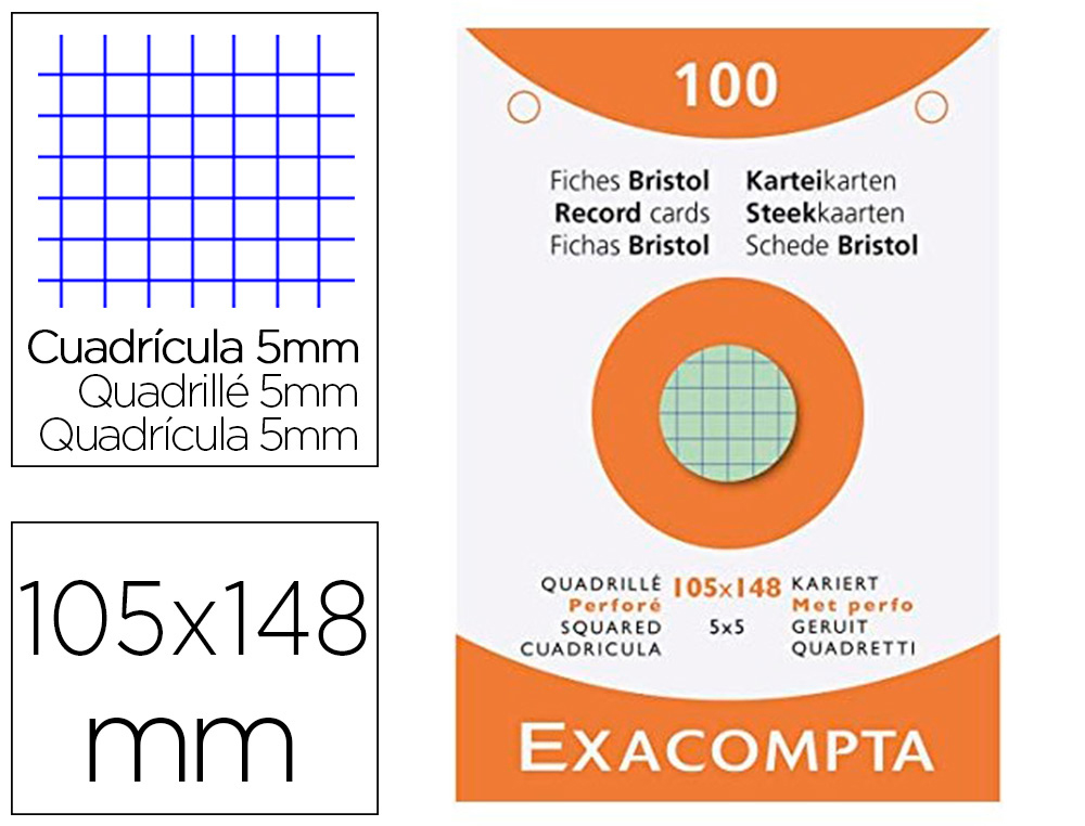 ETUI 100 FICHES EXACOMPTA BRISTOL QUADRILLEE 5X5 NON    PERFOREE BLANC 105X148MM      COLORIS ASSORTIS