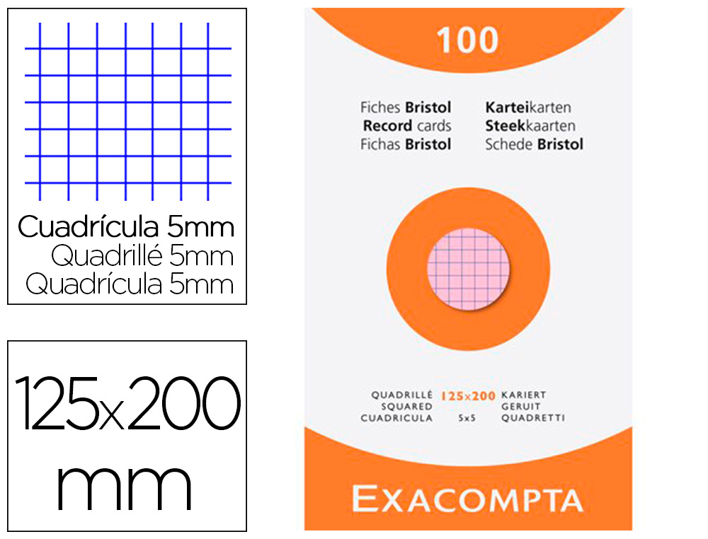 ETUI 100 FICHES EXACOMPTA BRISTOL QUADRILLEE 5X5 NON    PERFOREE ASSORTIS 125X200MM