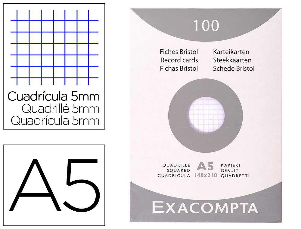 ETUI 100 FICHES EXACOMPTA BRISTOL QUADRILLEE 5X5 NON    PERFOREE ASSORTIS 148X210MM