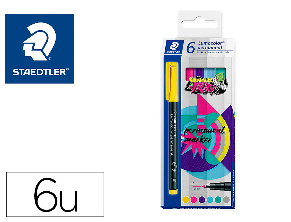 MARQUEUR STAEDTLER PERMANENT DRY SAFE LUMOCOLOR  318       POINTE FINE 0,6MM COLORIS     ASSROTIS ETUI DE 6 FEUTRES