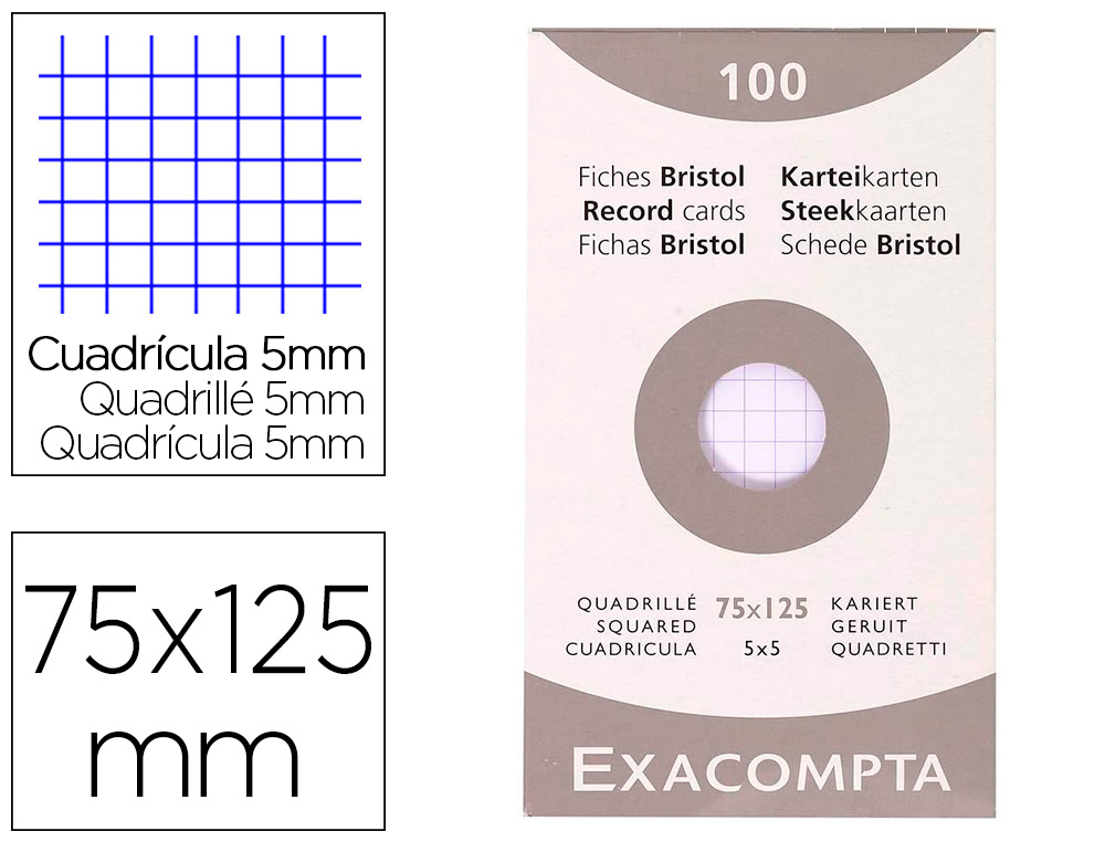 FICHE BRISTOL EXACOMPTA QUADRILLEE 5X5 NON PERFOREE   75X125MM COLORIS BLANC ETUI   100 UNITES