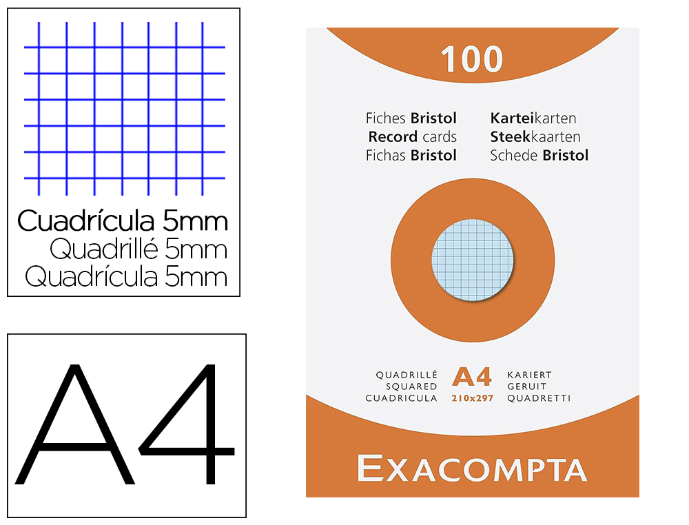 ETUI 100 FICHES EXACOMPTA BRISTOL QUADRILLEE 5X5 NON    PERFOREE 210X297 MM COLORIS   ASSORTIS