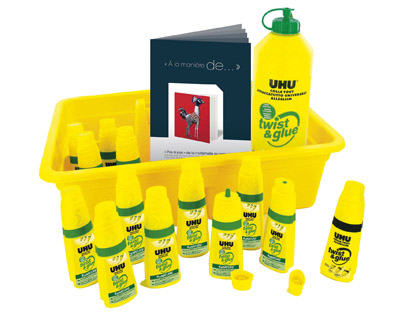 COLLE UHU TWIST&GLUE EXTRA FORTE TRANSPARENTE MULTI-MATRIAUX COFFRET SCOLAIRE 12 FLACONS PLEINS+1 RECHARGE