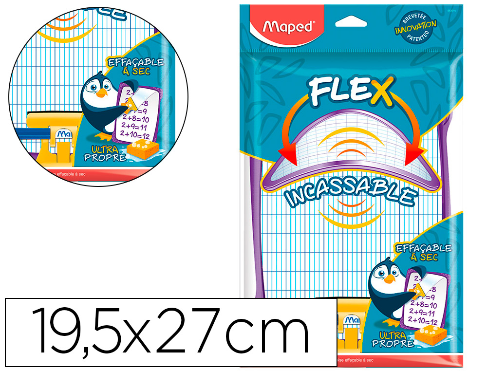 ARDOISE BLANCHE MAPED FLEX 195X270MM 1 FACE UNIE 1 FACE QUADRILLE 1 EFFACETTE 1 FEUTRE 1 PORTE ACCESSOIRE INCASSABLE