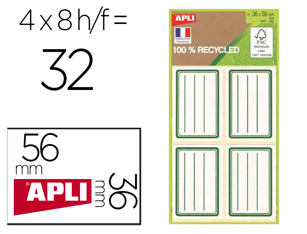 ETIQUETTE APLI SCOLAIRE 100% RECYCLE 36X56MM BORDS ARRONDISLIGNE ET CADRE COLORIS VERT   POCHETTE 32 UNITES