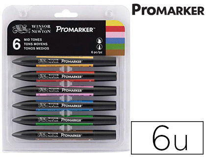 MARQUEUR PROFESSIONNEL W&N PROMARKER DOUBLE POINTE TONS MOYENS JAUNE/TULIPE/ROUGE/OEILLET ROSE/BLEU CHINE/CACAO 6 UNITS