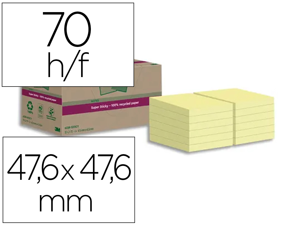 LOT DE 12 POST-IT SUPER STICKY 100% RECYCLES          47,6X47,6MM 70F               REPOSITIONNABLES COLORIS