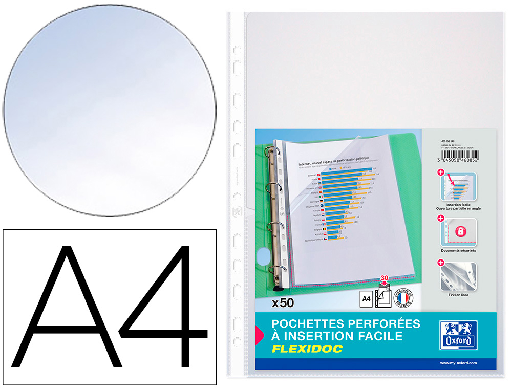 50 POCHETTE PERFOREE OXFORD FLEXIDOC SACH A4 OUV LAT      POLYPROPYLENE 70MICRONS LISE INCOLORE