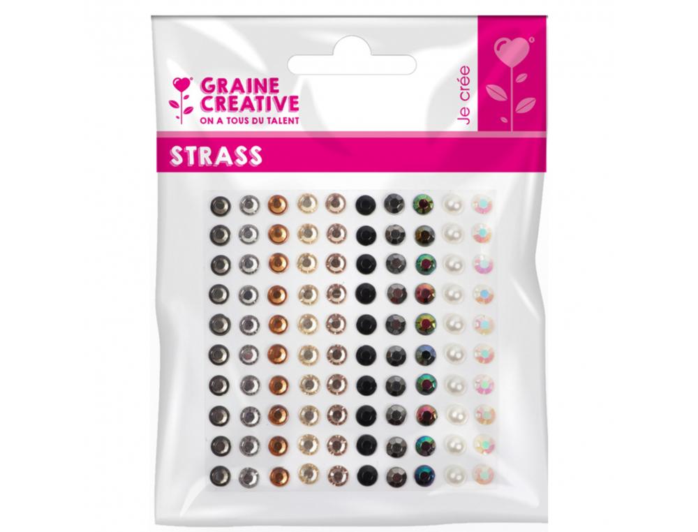 PLANCHE ASSORTIMENT DE STRASS ADHESIF GRAINE CREATIVE 100   STRASS COLORIS NOIR ET PERLE  ASSORTIS