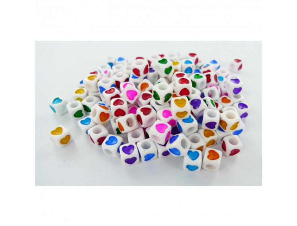 PERLE PLASTIQUE INNSPIRO FORME CUBE 6MM DECOR COEUR    COLORIS ASSORTIS BOCAL DE 600 PERLES