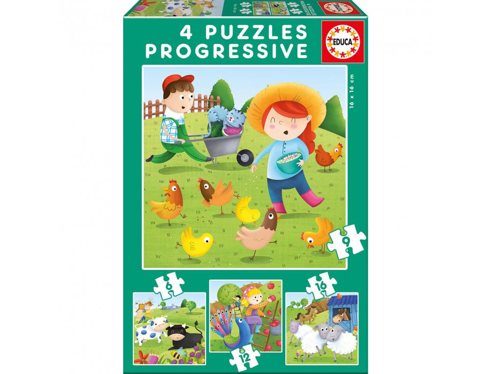 PUZZLES PROGRESSIFS EDUCA LES ANIMAUX DE LA FERME EN CARTON EPAIS 4 PUZZLES 6 9 12 ET 16  PIECES