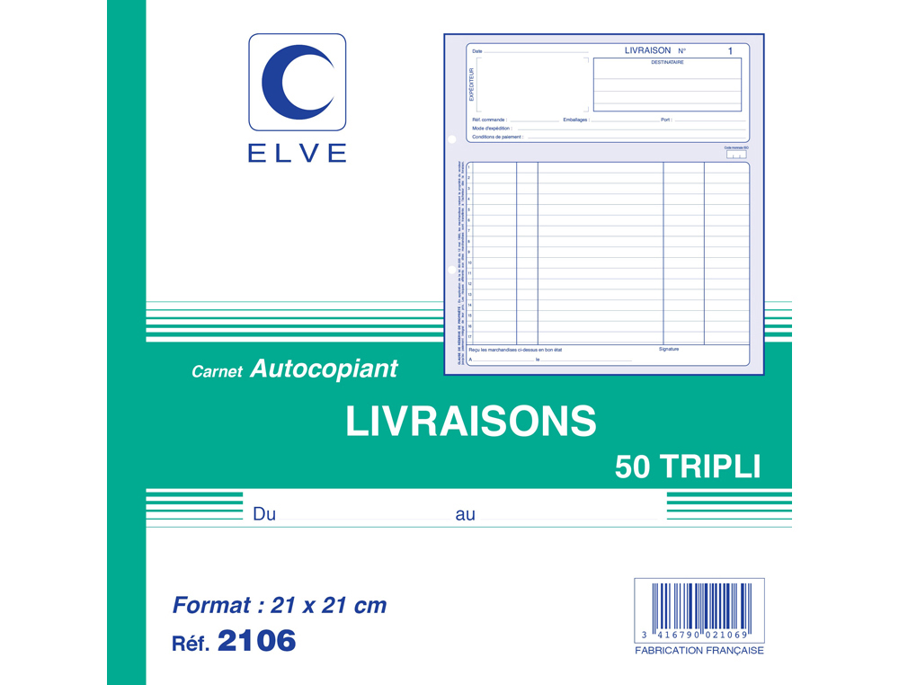 MANIFOLD ELVE AUTOCOPIANT 210X 210MM FOLIOTAGE 50 TRIPLIS LIVRAISONS