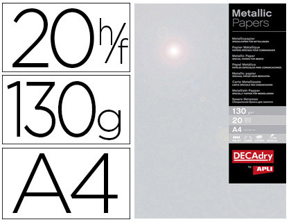PAPIER MTALLIQUE APLI ARGENT A4 210X297MM 130G PACK 20F