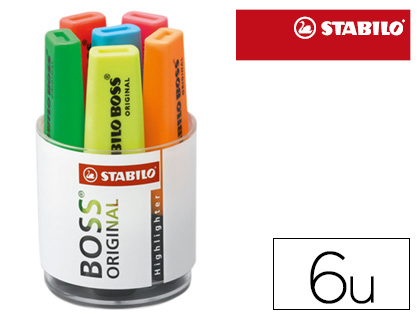 SURLIGNEUR STABILO BOSS ORIGINAL TOUS PAPIERS FAX TLEX AUTOCOPIANTS POINTE BISEAUTE TRAC 2/5MM POT 6 UNITS