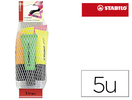 SURLIGNEUR STABILO NON POINTE BISEAUTE TRAC 2/5MM FORME TUBE COLORIS 2 JAUNE 1 VERT 1 ORANGE 1 ROSE FILET 5 UNITS