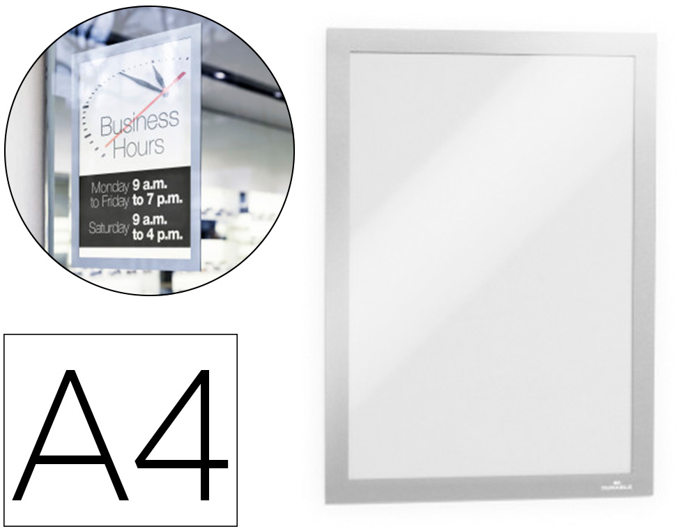 CADRE AFFICHE DURABLE DURAFRAME SUN VITROSTATIQUE SPÉCIAL VITRINES AU SOLEIL FORMAT A4 COLORIS SILVER POCHETTE 2 UNITÉS