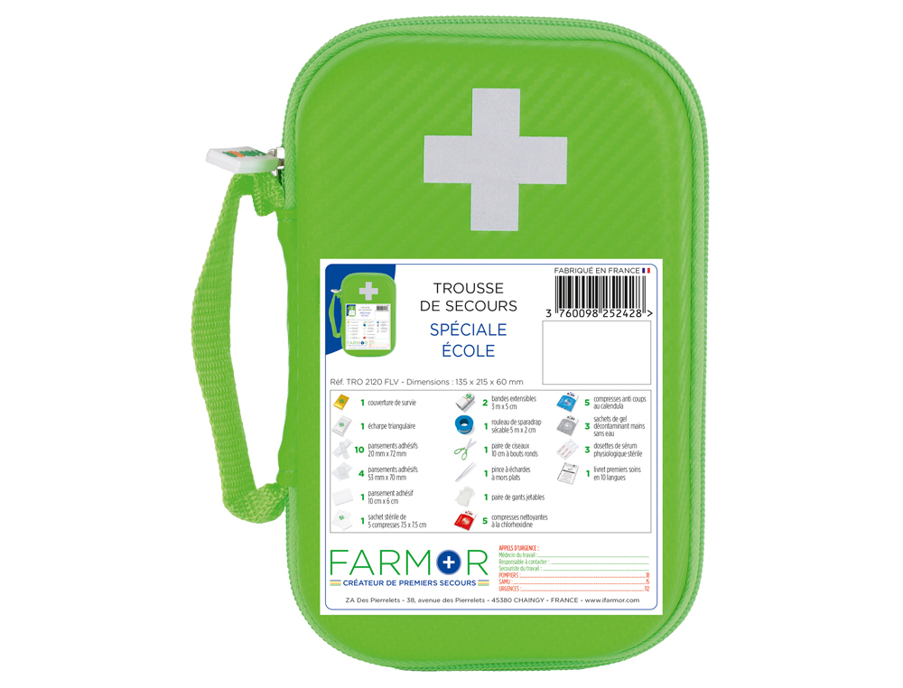 TROUSSE DE SECOURS SPCIALE COLE CENTRE AR FERMETURE ZIP 6 COMPARTIMENTS 2 ACCROCHES CEINTURE CONTENANCE 77 PICES